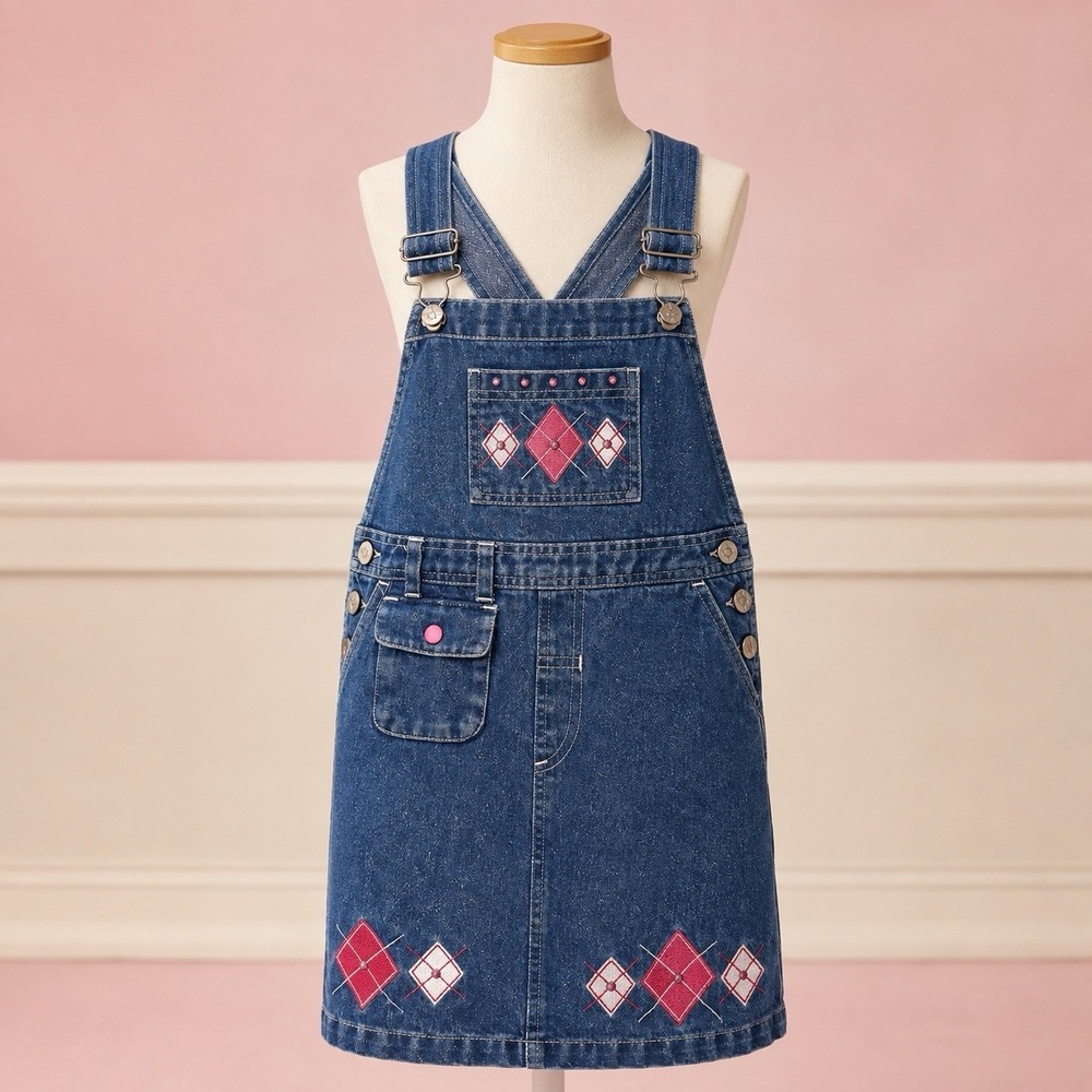 No Kidding Girls Size 4/5 Denim Overall Skirt 90s Y2K Embroidered Pink Red